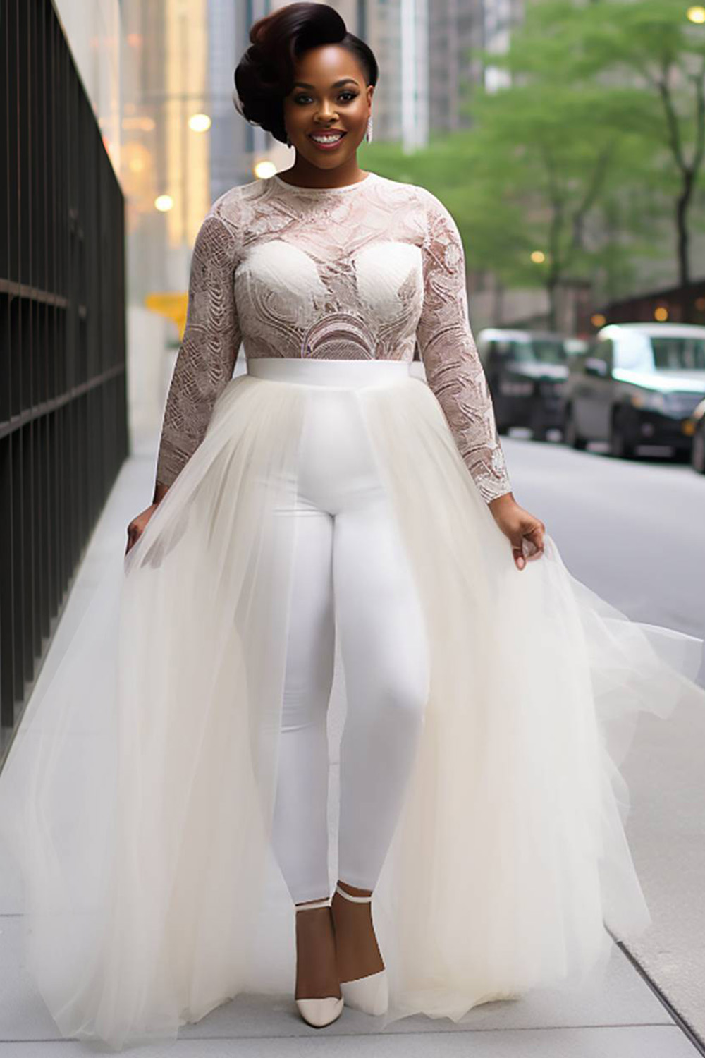 Design Plus Size Party Elegant White Round Neck Long Sleeve See Through Mesh Jumpsuits [Pre-Order]