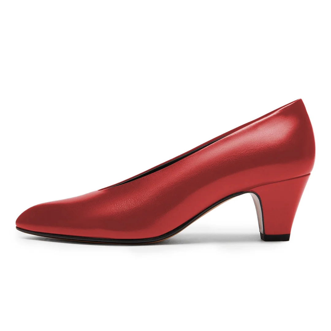 Vegan Leather Low Chunky Heel Pointed Toe Red Pumps for Women