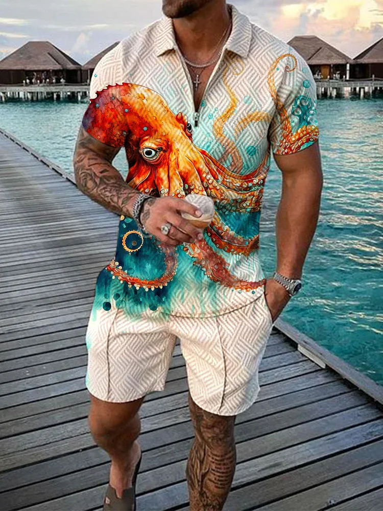 Men's Fashion Octopus Print Short Sleeve Polo Suit