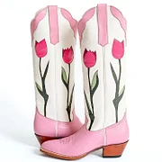 VCSHOES Pink Tulips Below The Knee Heeled Cowboy Boots for Women