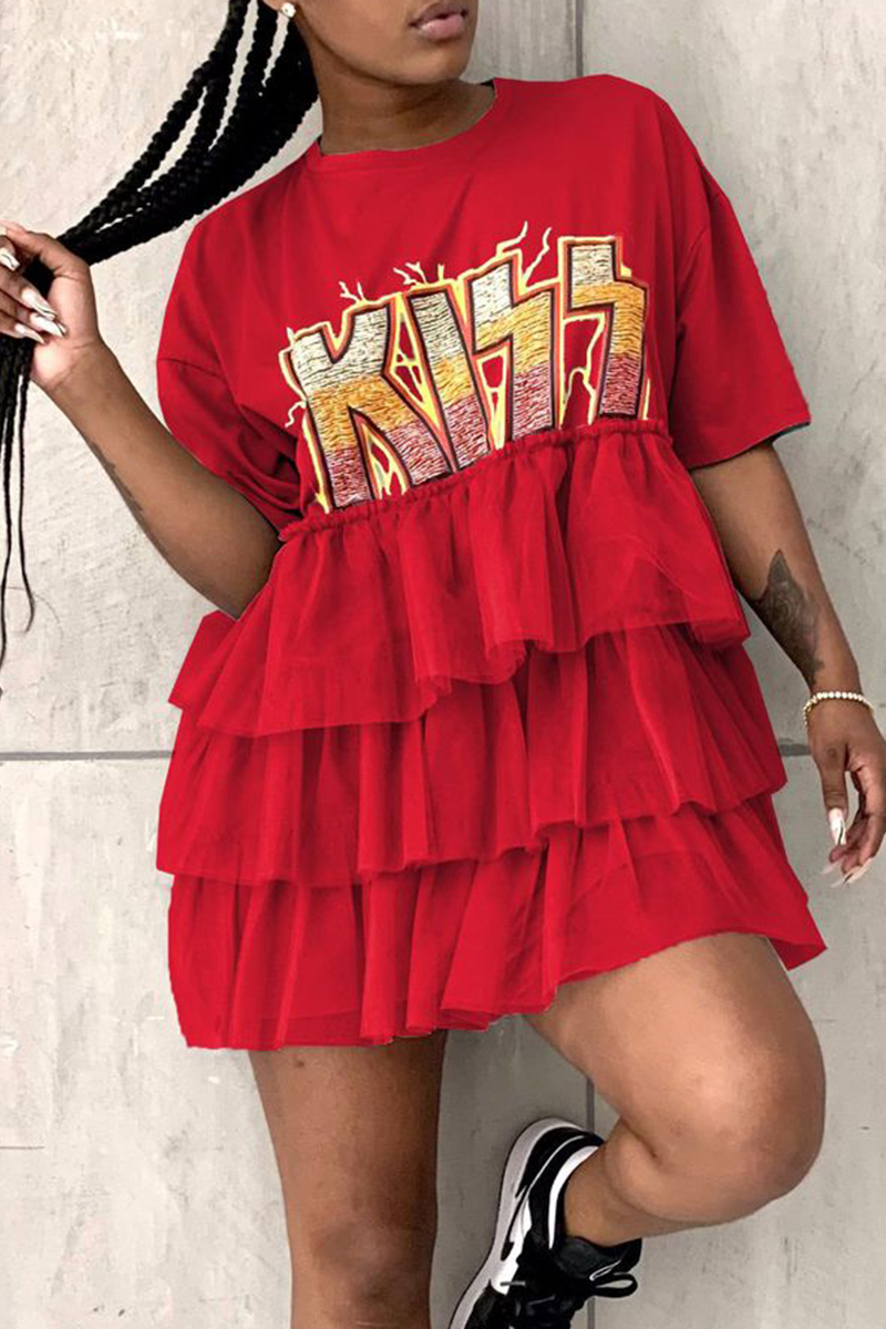 Red Casual Print Letter O Neck Cake Skirt Dresses