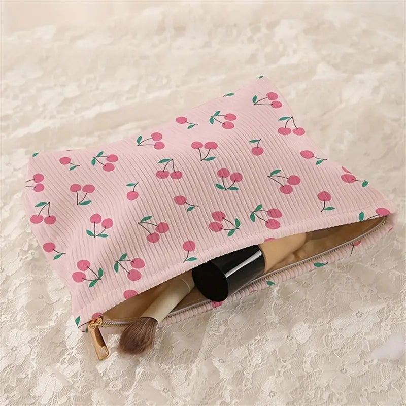 5 Pieces Elegant Streetwear Cherry Corduroy Square Makeup Bags