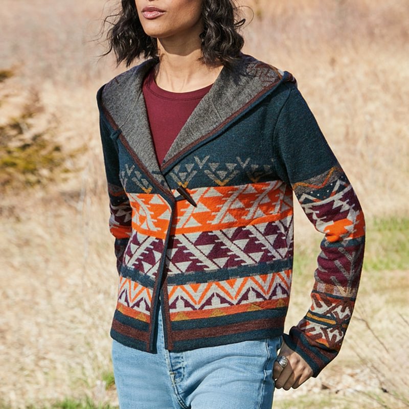 Vintage Print Hooded Sweater Cardigan