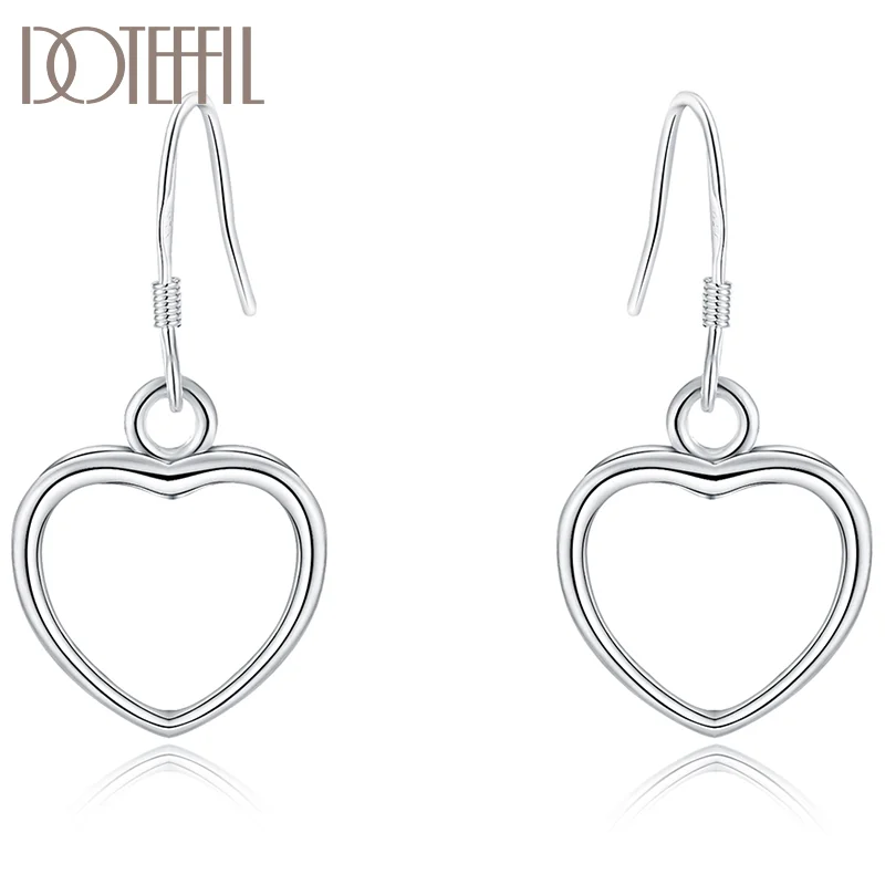 DOTEFFIL Genuine 925 Sterling Silver Unique Heart Drop Earrings For Women Jewelry