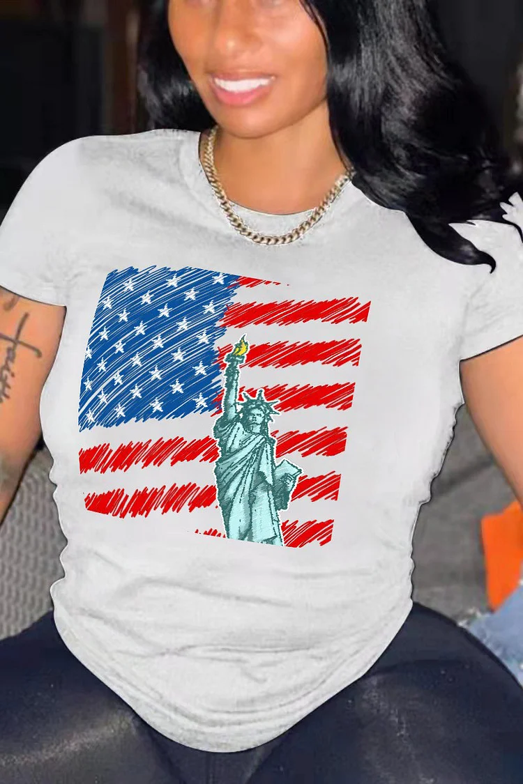 Plus Size White Daily Independence Day Graphic Print Short Sleeve T-Shirts
