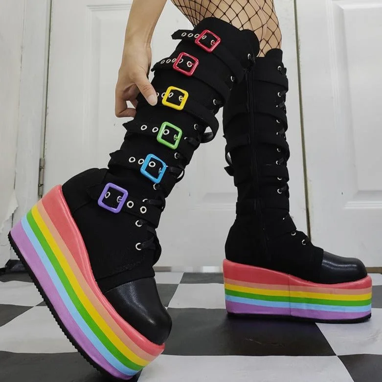 New Arrivals Punk Platform Cool Chunky High Wedges Mid Calf Boots Autumn Buckle Trendy Multicolor Party Cos Shoes