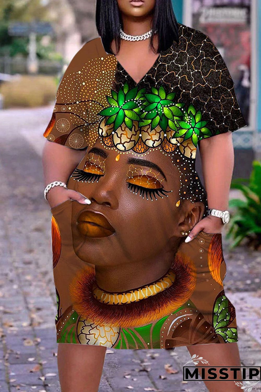 Olive Green Casual Print Patchwork V Neck Straight Dresses