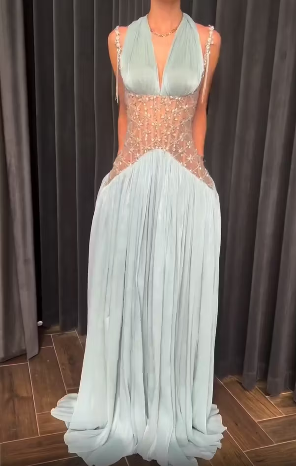 Lussooy Spaghetti Strap Sleeveless A-Line Evening Dress with Beadings
