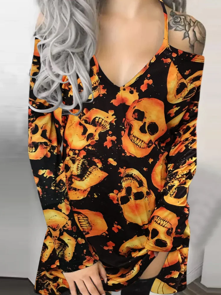 Women's Dresses Printed V-Neck Off-Shoulder Long Sleeve Dress