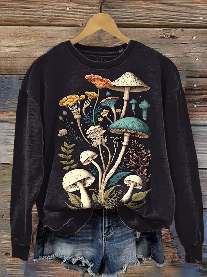 Women's Retro Mushroom Botanical Art Print Gradient Sweatshirt