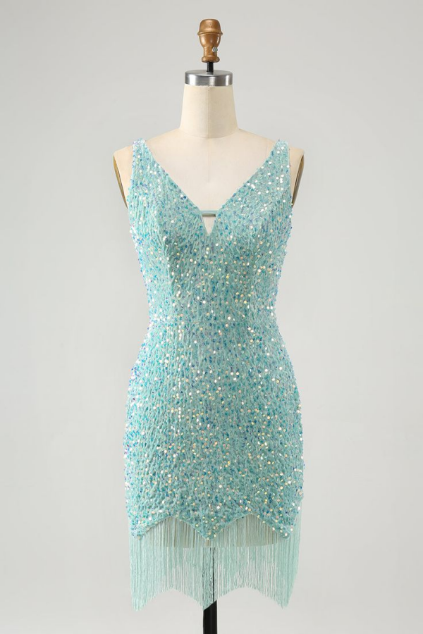 Sequins Mint GreenTassel Short Mini Homecoming Dress | HC0124