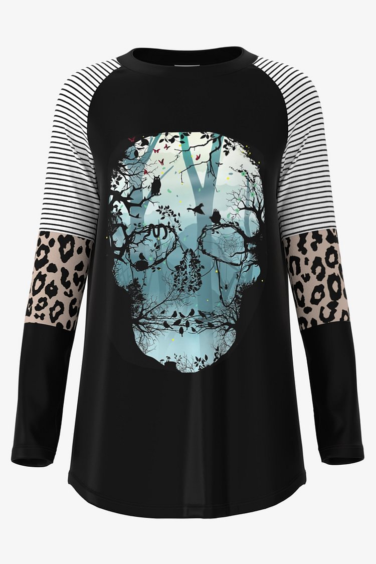 Plus Size Halloween Black Print Striped Leopard Stitching Blouses [Pre-Order]