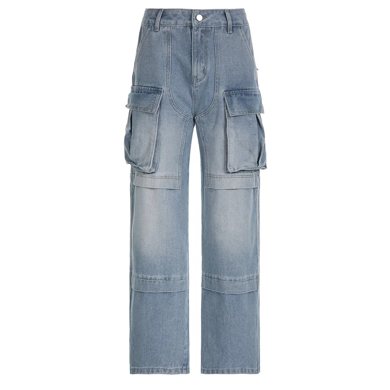 Women's High-waisted Zipper Multi-pocket Straight Loose Denim Jeans