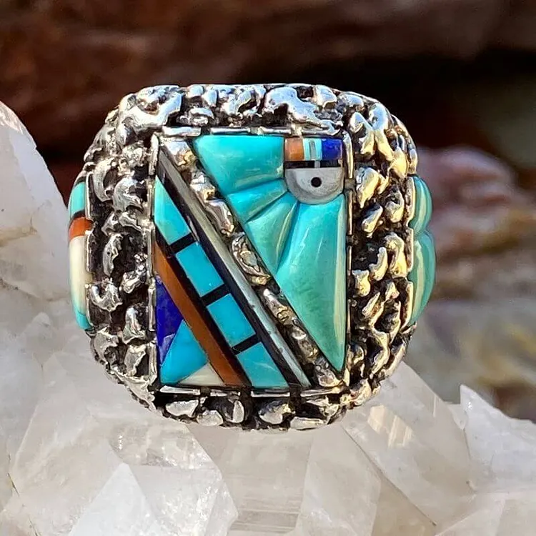 Rare Turquoise Inlay Sun God Ring by Legendary Lee and Mary Weebothee Zuni Size 11
