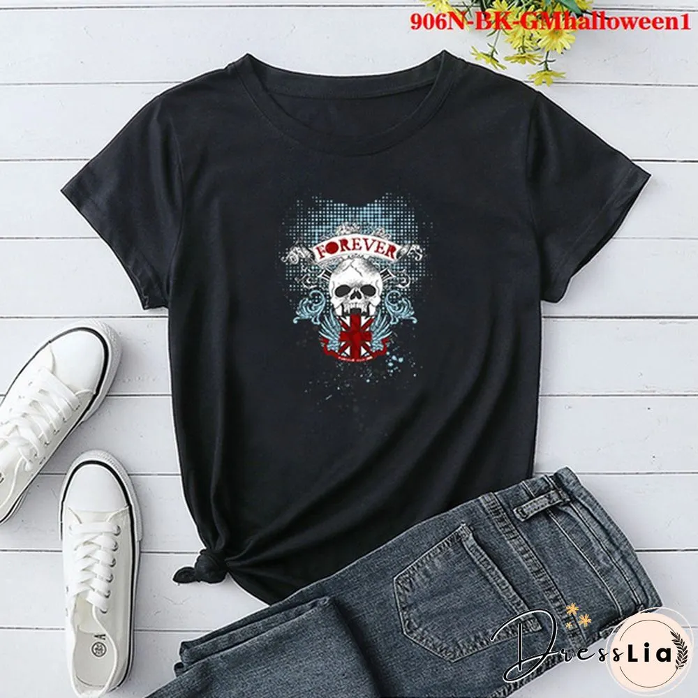 Fashion Funny Halloween Printed T-shirts Women Summer Casual Short Sleeved T-shirts Round Neck Tops