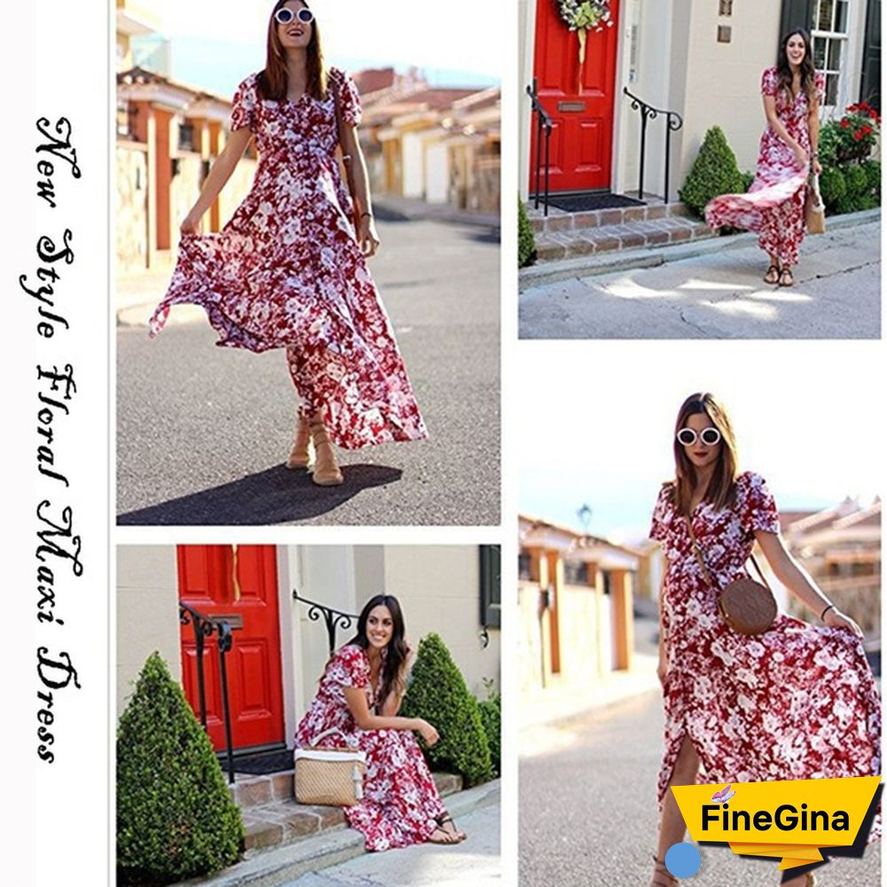 Womens Fashion Bohemian V Neck Print Big Swing Long Dress Plus Size