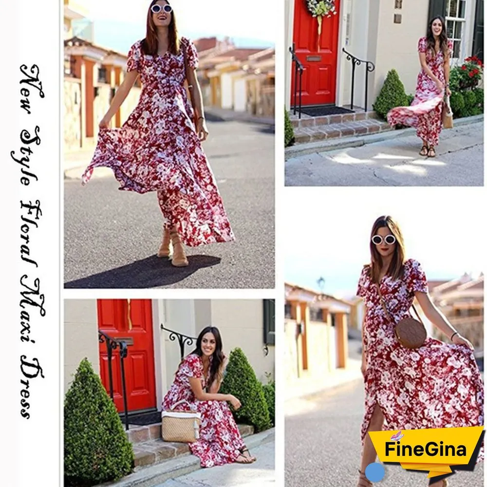 Womens Fashion Bohemian V Neck Print Big Swing Long Dress Plus Size