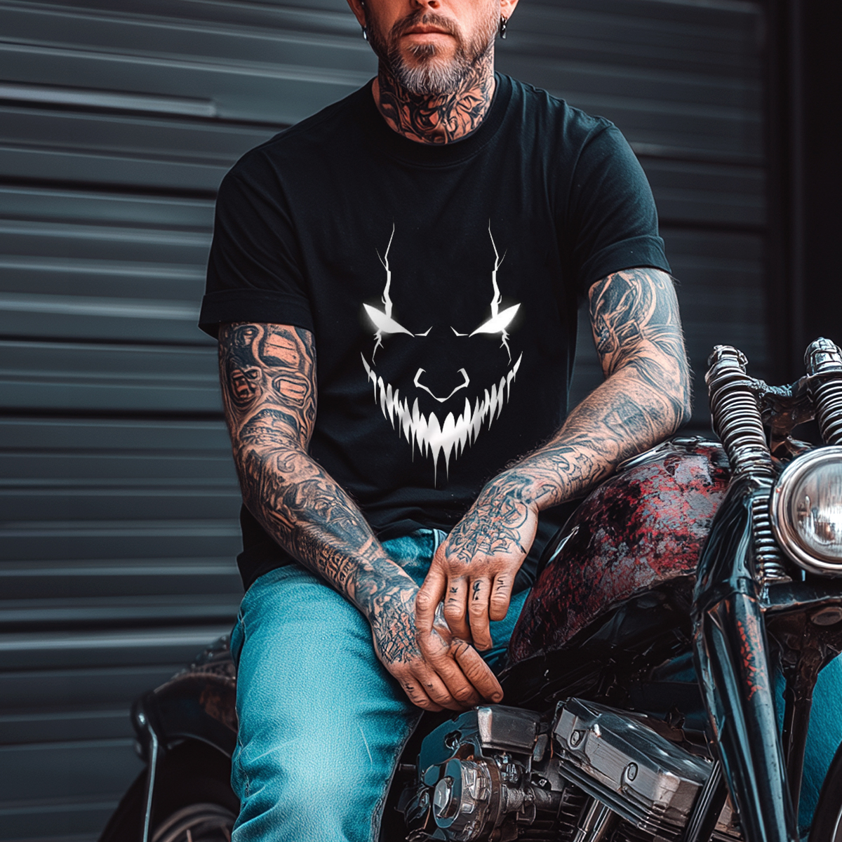 Luminous Demon Grin Print Cotton T-Shirt
