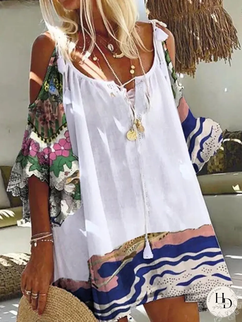 Leisure Vacation Style Off-the-shoulder Print Stitching Dress P13092