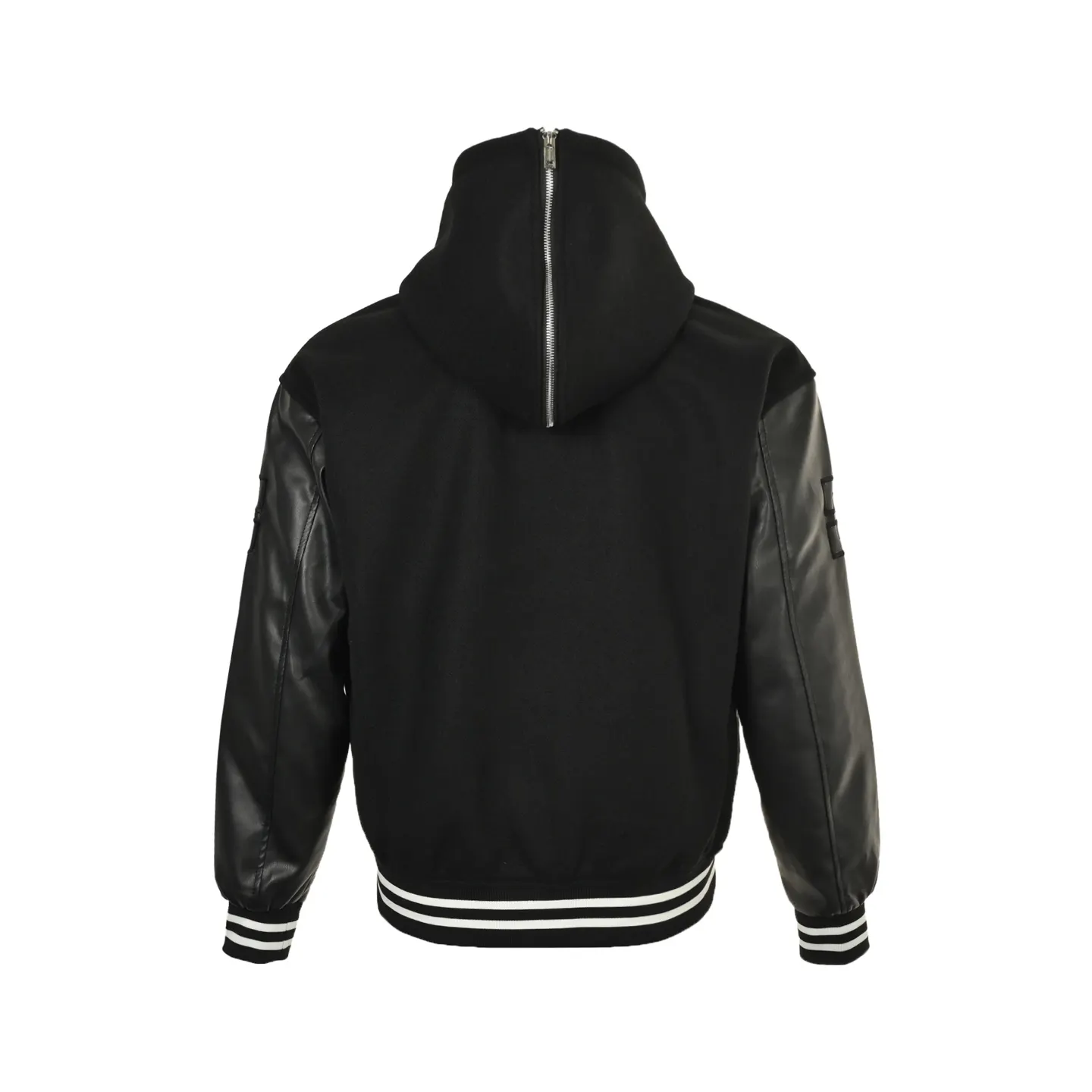 Black Hooded Varsity Jacket - Back View