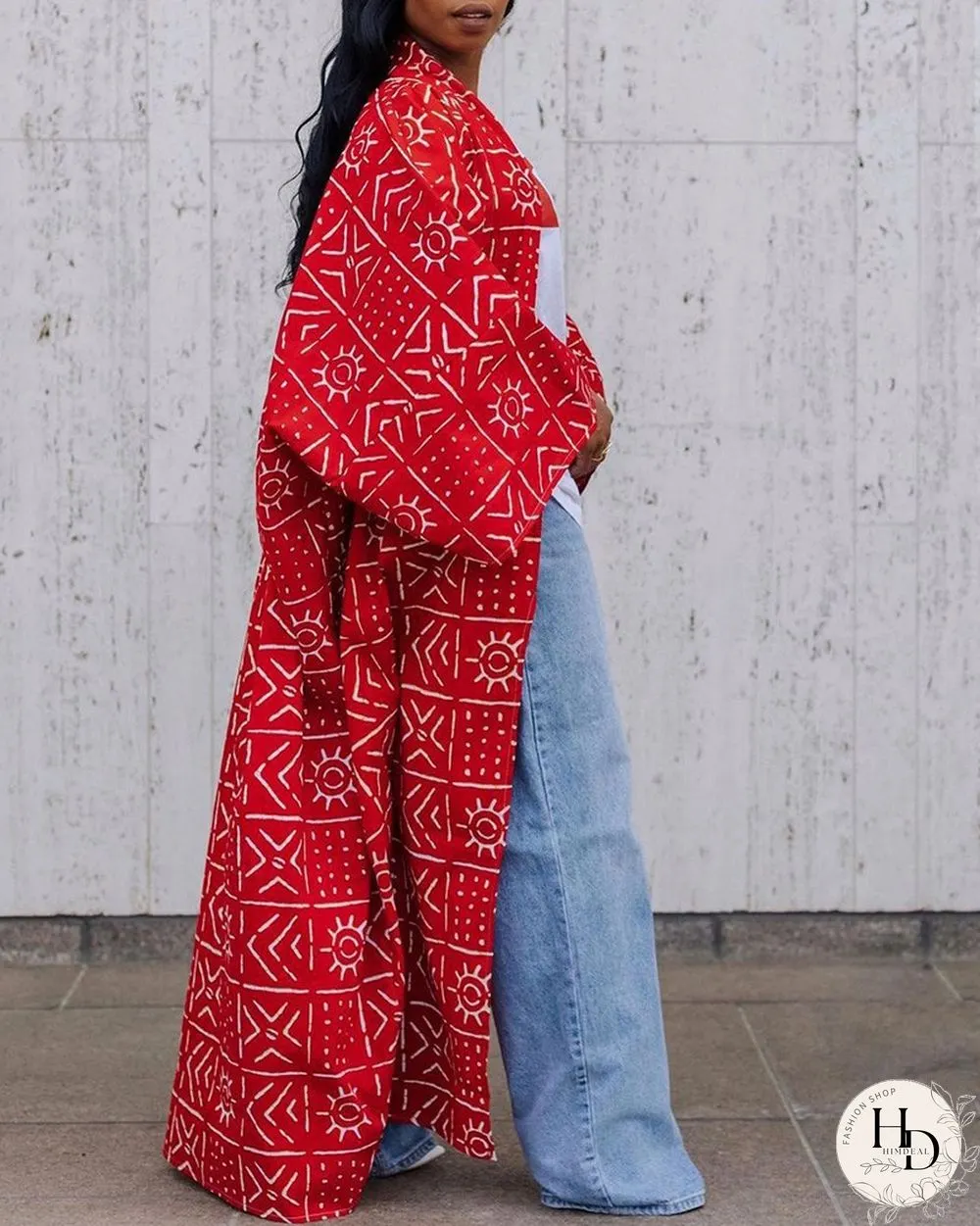 Bell Sleeve Graphic Print Longline Coat