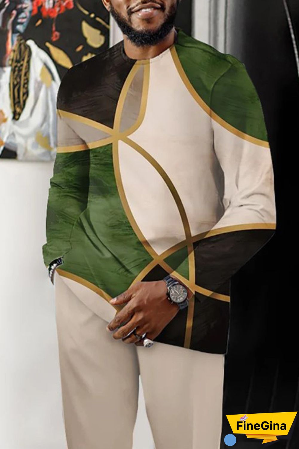 Apricot Men's Casual Color Blocking Long Sleeve Walking Suit-176