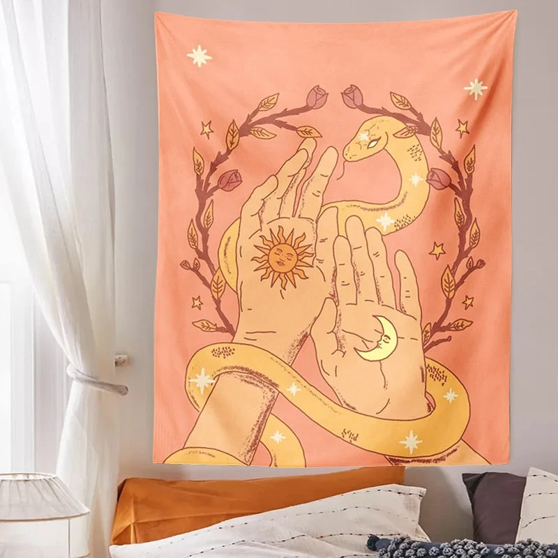 Tarot sun moonTapestry magic hand snake Wall Hanging Retro Sun Moon Snake Boho Decor Minimalist Print Divination Art Wall Decor