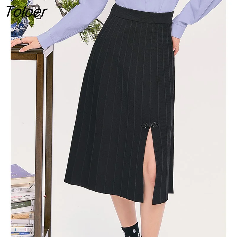 Toloer Women Skirt 2022 Autumn A Line Elastic Waist Split Hem Black Elegant Vintage Midi Knitted Skirt