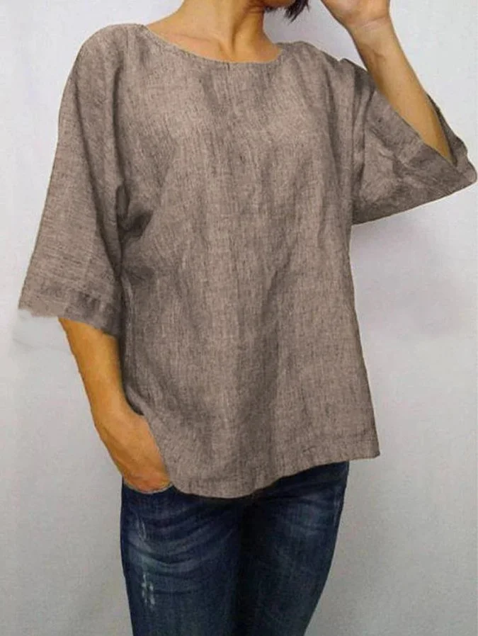 Solid Color Cotton Linen Short Sleeve Casual T-Shirt