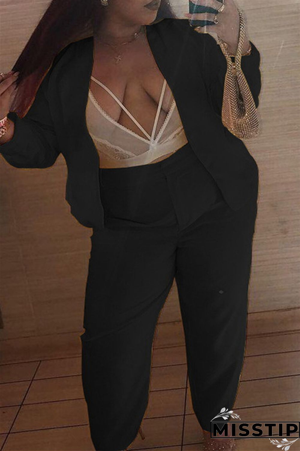 Black Fashion Casual Solid Cardigan Pants Plus Size Two Pieces