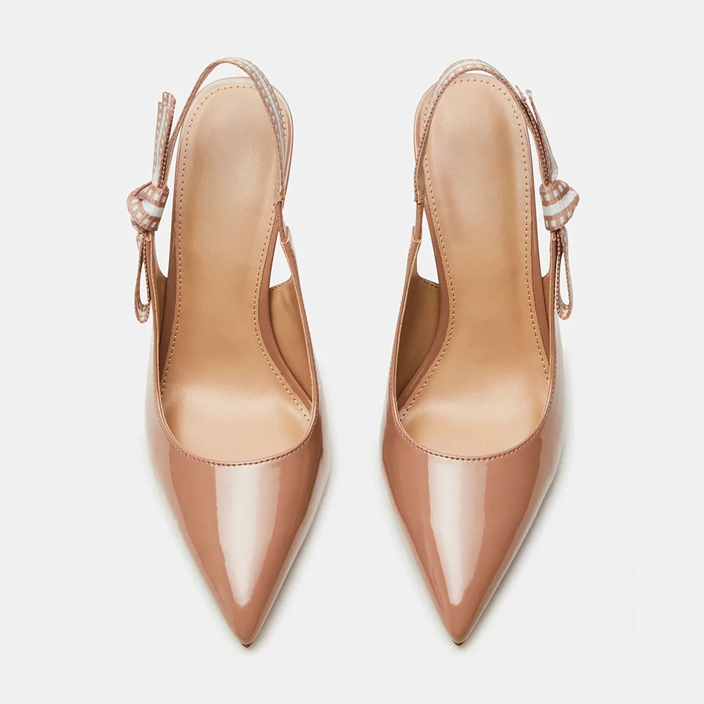 Patent Leather Stiletto Heel Slingback Bow Accent Nude Pumps