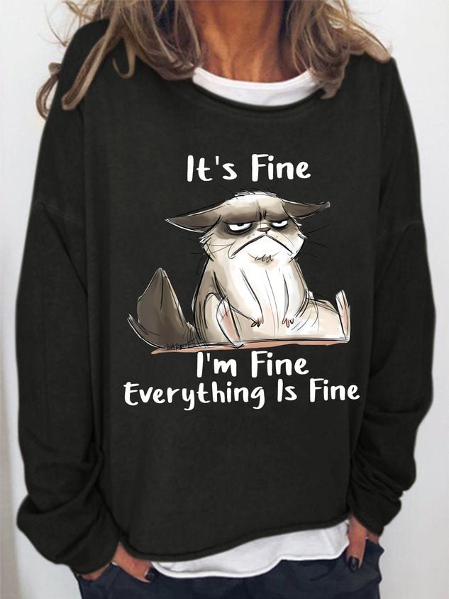 Women's It Is Fine I Am Fine Grumpy Cat Text Letters Graphic Print Casual Sweatshirts