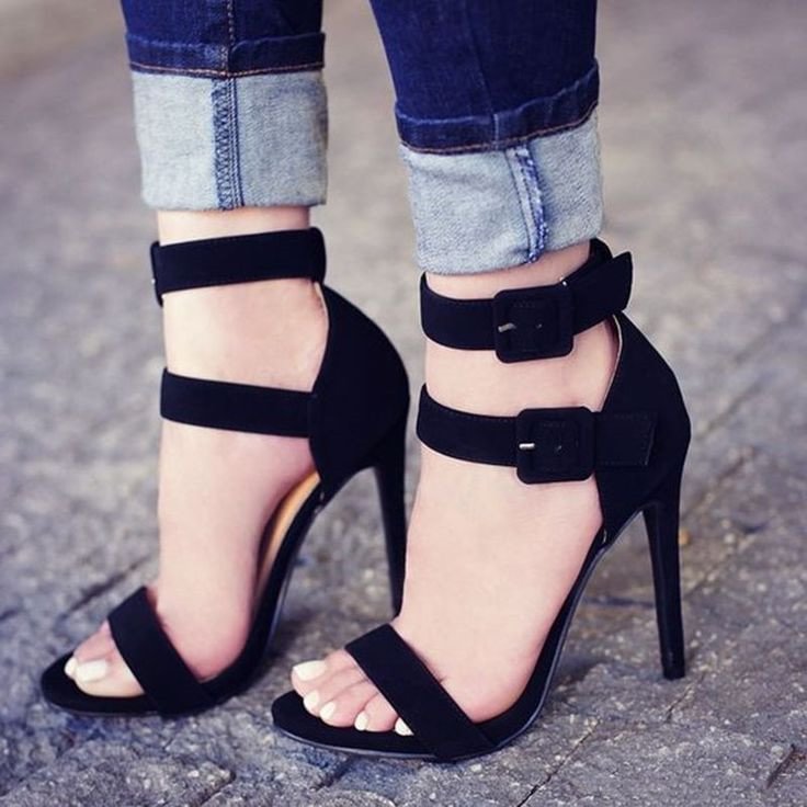Women's Black Suede Stiletto Heels Open Toe Buckle Ankle Strap Sandals |FSJ Shoes