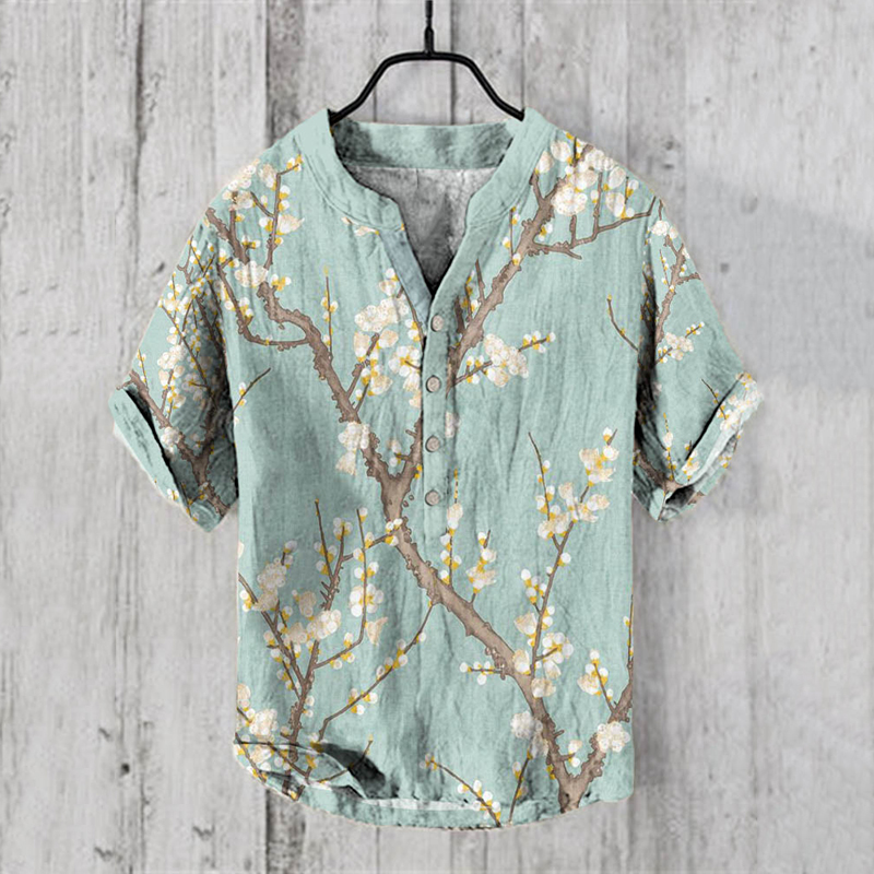 Japanese Ink Painting Of Flower Trees Art Linen Blend Cozy Shirt wearshes