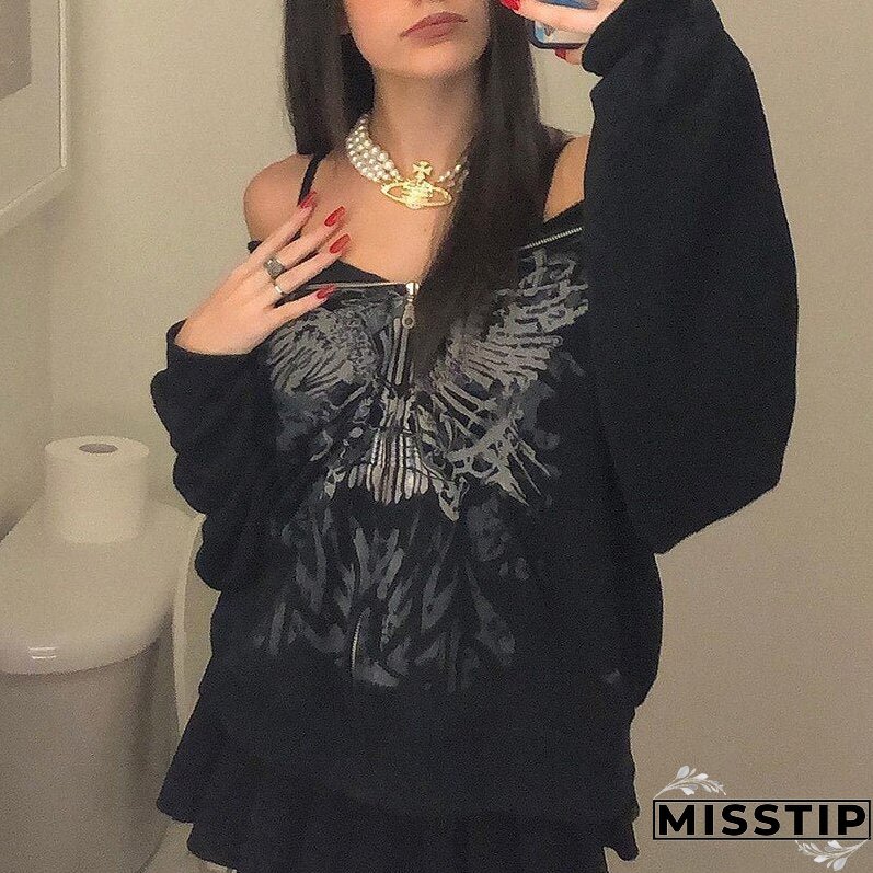 Y2K Butterfly Print Hoodies Women Gothic Grunge Long Sleeve Oversize Zip Hoodie Jacket