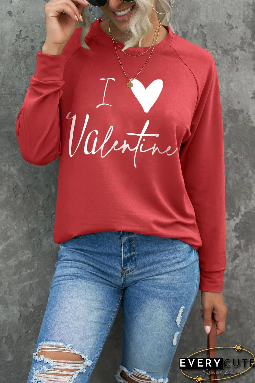 Red I Love Valentine Heart Flocking Pullover Sweatshirt