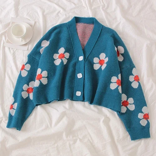 Preppy Style Flower Knit Cardigans Sweater Women V Neck Loose elegaht Thicked Pull Femme Print Short Casual Coat 46565