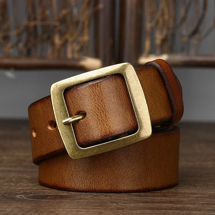 3.8cm Width Thick Retro Cowhide Genuine Leather Belt For Men Solid Brass Copper Pin Buckle Belts Male Strap For Jeans VangoghDress