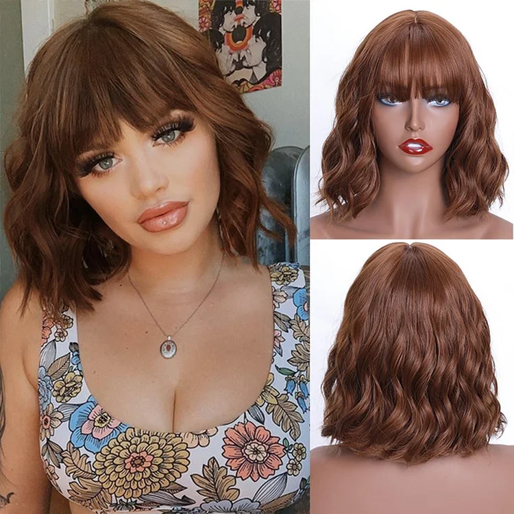 Brown Medium Hiar Bob Body Wave Wig With Bangs