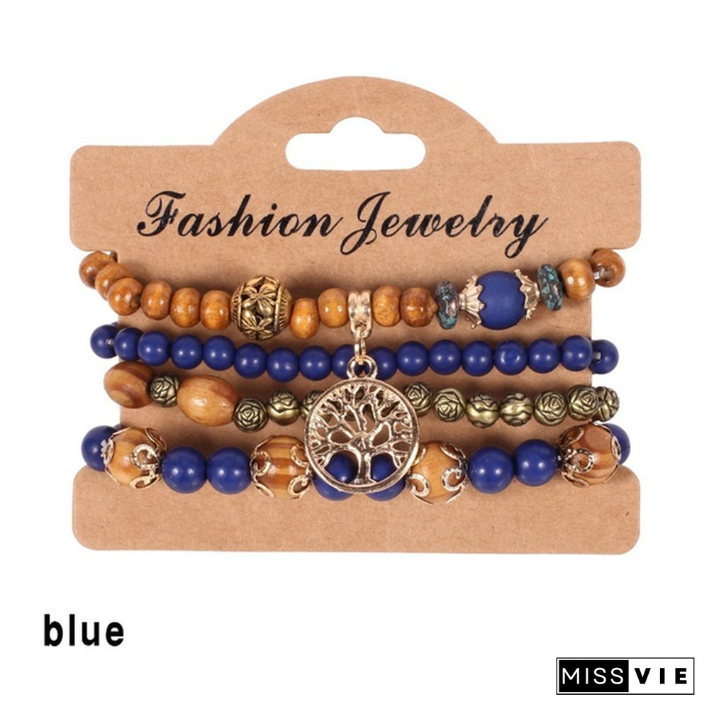 4pcs/set Wooden Beads Bracelet Multicolor Women Boho Bangles With Hollow-out Pendant