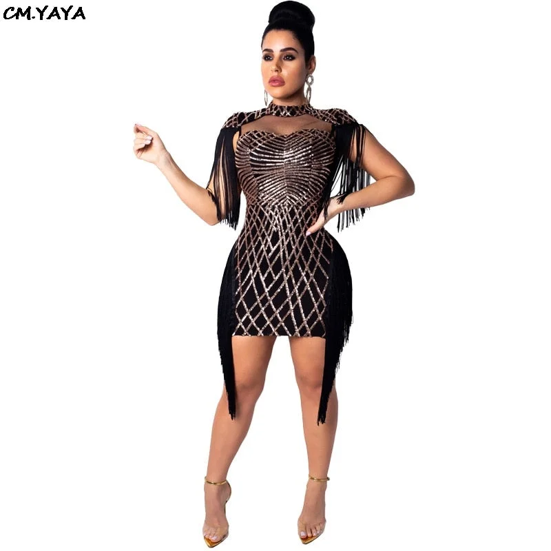 Women New Sequins Tassel Sleeve Side Cutout Stand Neck Sexy Midi Mini Dress Bodycon Bandage Club Party Dresses Vestidos CY8033