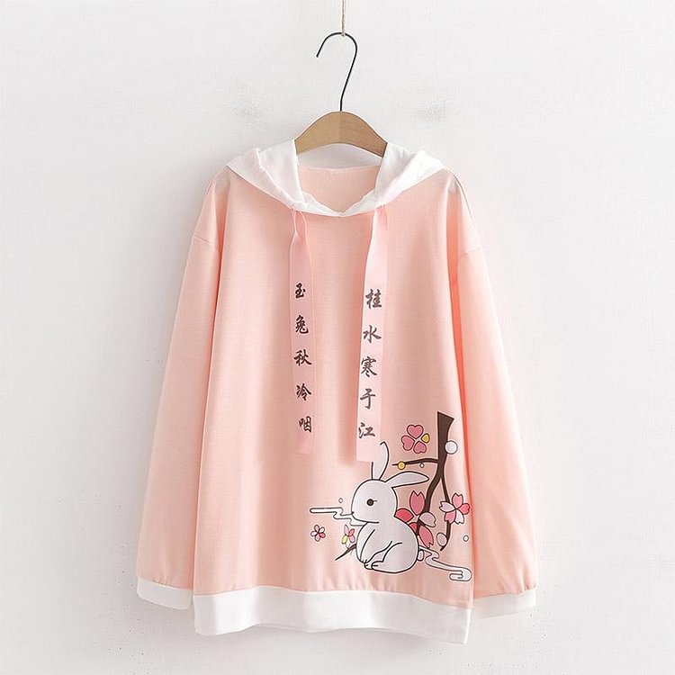 Cartoon Rabbit Letter Drawstrings Hoodie - Modakawa Modakawa