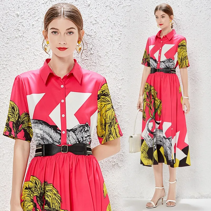 Uveng Fashion Summer 2022 Women Turn Down Neck Short Sleeve Animal Print Belt Party Dress Female Vestidos Robe Femme