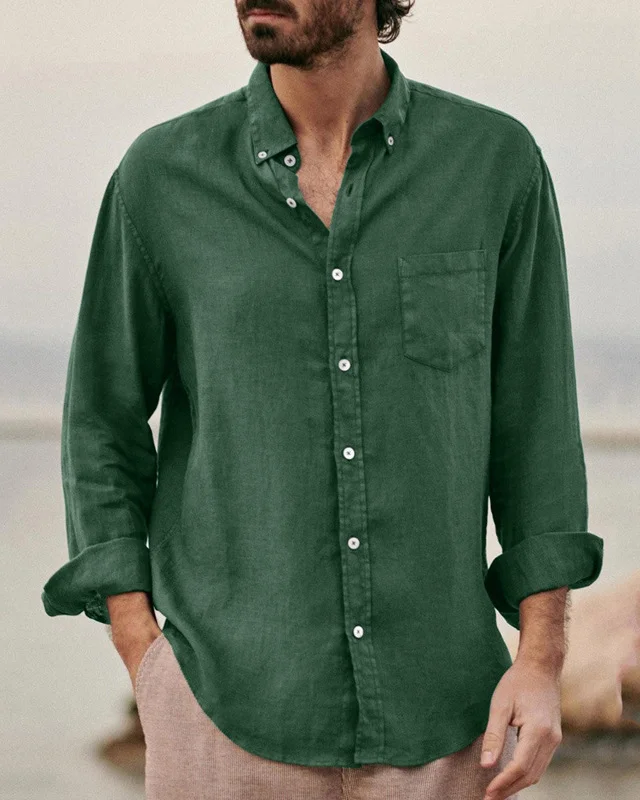 Suitmens Men's Cotton Linen Long Sleeve Shirt With Pockets 0191
