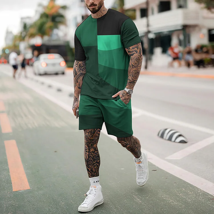 BrosWear Men's Personalized Color-Blocking Casual Short Sleeve  T-Shirt  And Short Co-Ord