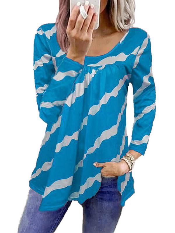 Women Long Sleeve Scoop Neck Striped Stitching Top