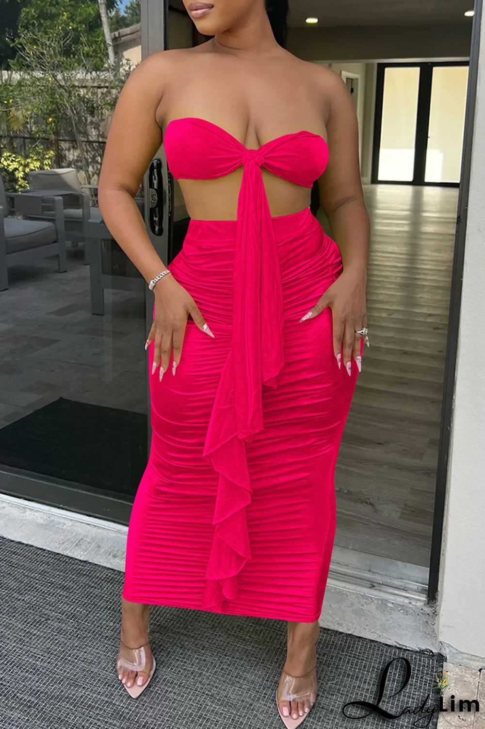 Yellow Fashion Sexy Solid Patchwork Backless Fold Strapless Sleeveless Two Pieces