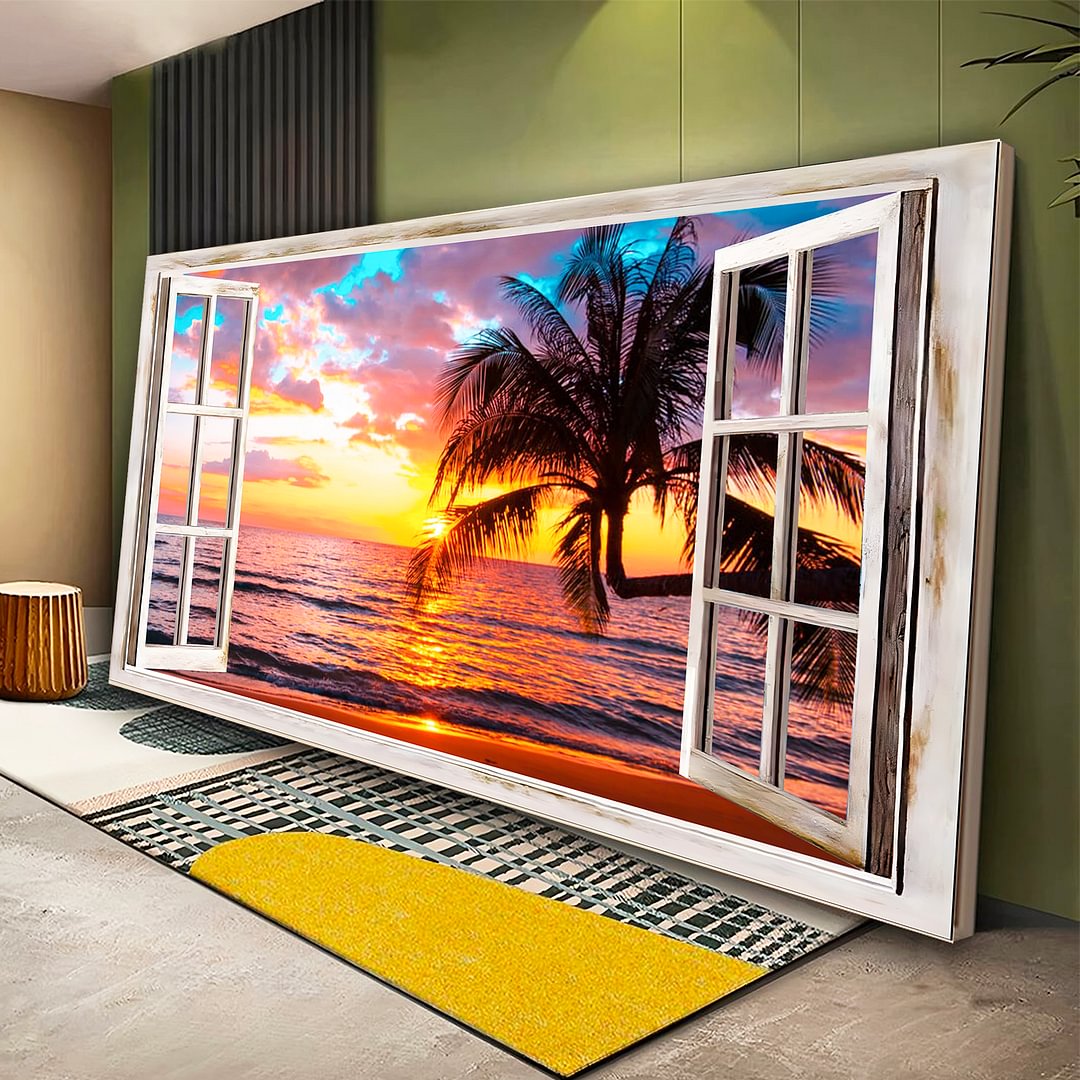 Beautiful Window Beach Sunset Canvas Wall Art