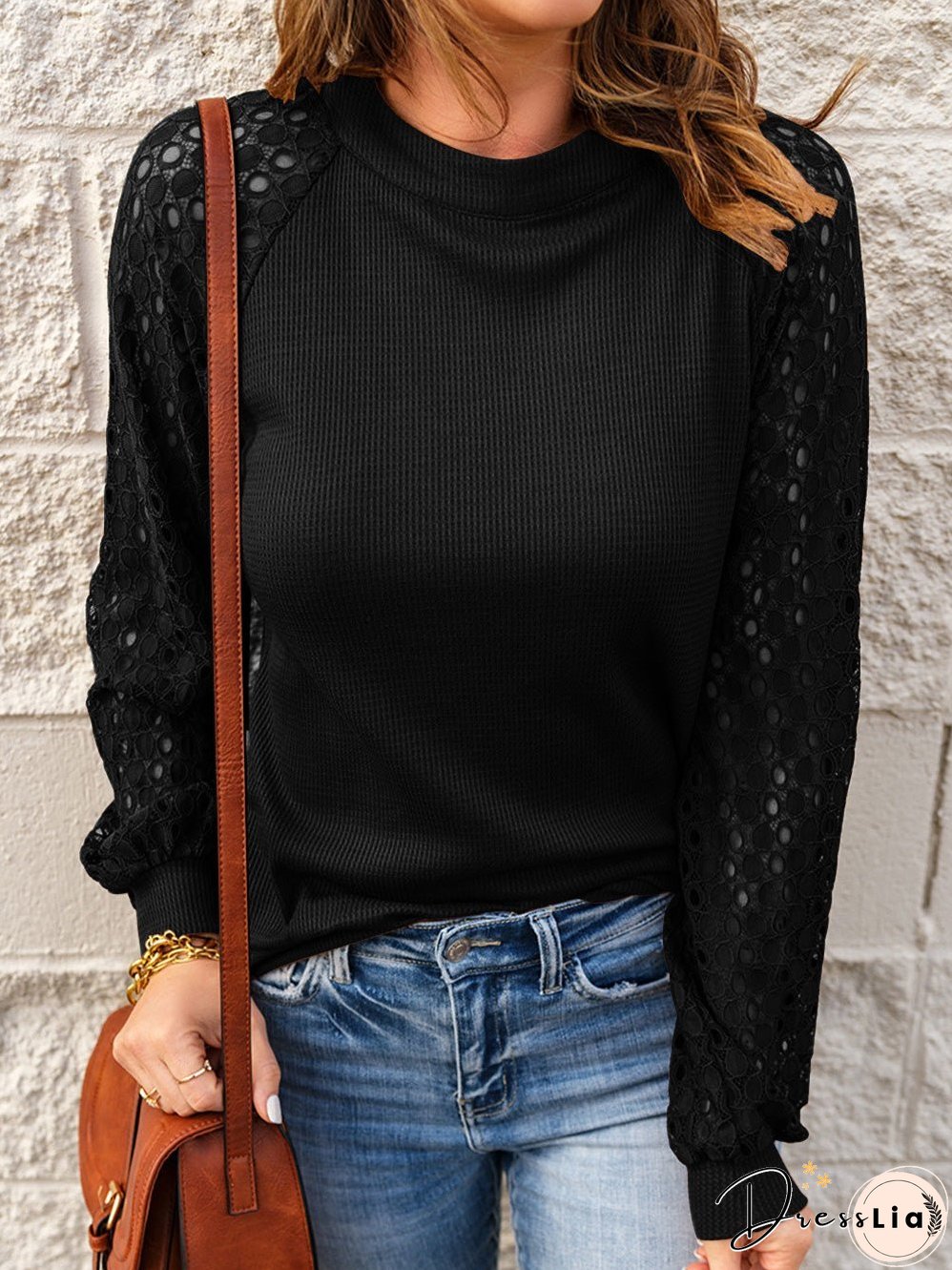 T-Shirts Crew Neck Lace Panel Hollow Long Sleeve T-Shirt for Women