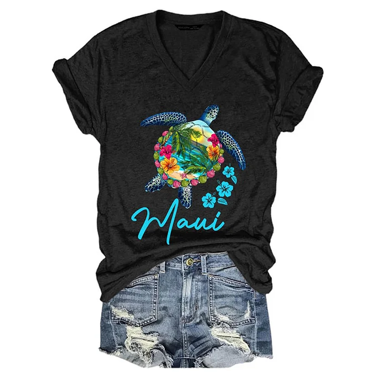 Maui Sea Turtle Print Casual T-Shirt